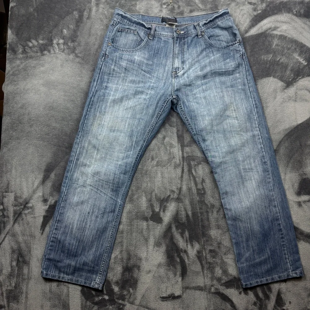 P Jeans Premium Denim Pants Mens 38x32 Blue Straight Leg Embroidered Pockets
